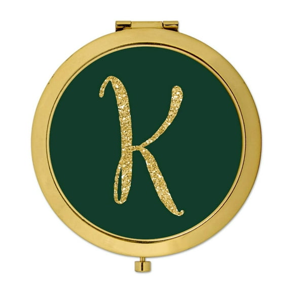 Koyal Wholesale Gold Compact Mirror Bridesmaid's Wedding Gift, Emerald Green, Monogram Letter K, 1-Pack