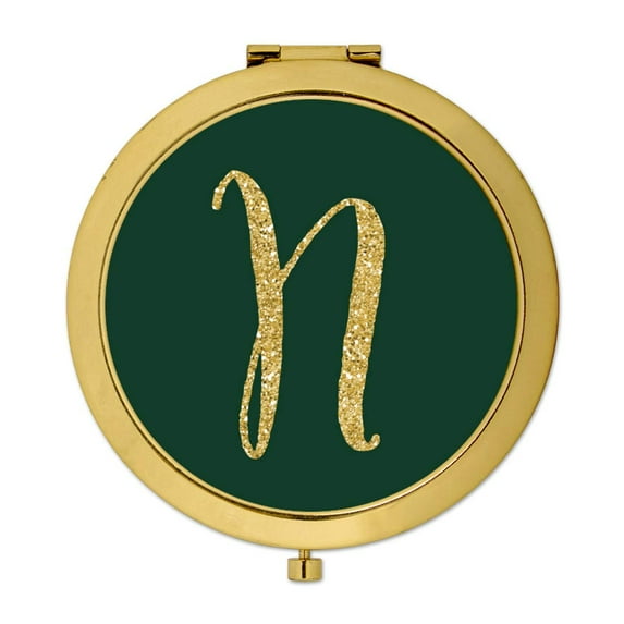 Koyal Wholesale Gold Compact Mirror Bridesmaid's Wedding Gift, Emerald Green, Monogram Letter N, 1-Pack
