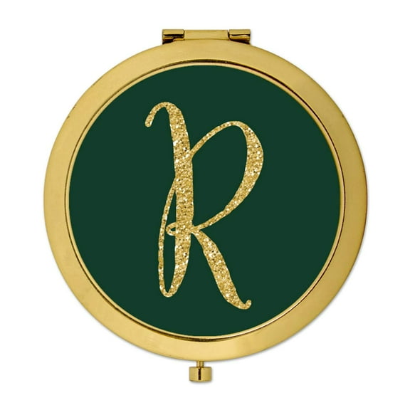 Koyal Wholesale Gold Compact Mirror Bridesmaid's Wedding Gift, Emerald Green, Monogram Letter R, 1-Pack