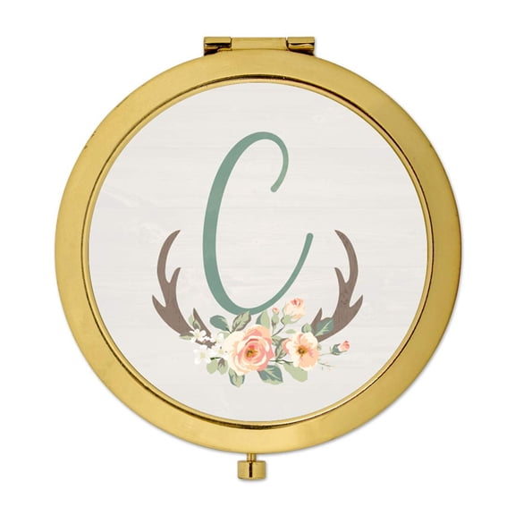 Koyal Wholesale Gold Compact Mirror Bridesmaid's Wedding Gift, Floral Rustic Deer Antlers, Monogram Letter C, 1-Pack