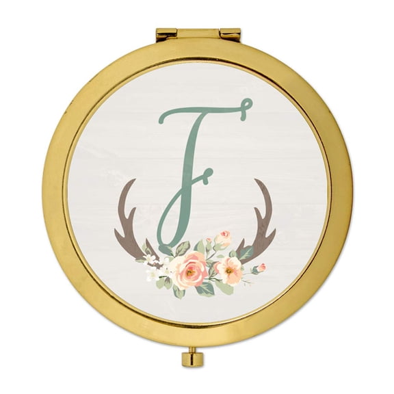 Koyal Wholesale Gold Compact Mirror Bridesmaid's Wedding Gift, Floral Rustic Deer Antlers, Monogram Letter F, 1-Pack