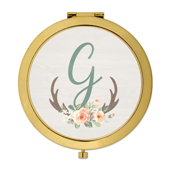 Koyal Wholesale Gold Compact Mirror Bridesmaid's Wedding Gift, Floral Rustic Deer Antlers, Monogram Letter G, 1-Pack