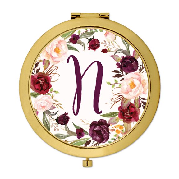 Koyal Wholesale Gold Compact Mirror Bridesmaid's Wedding Gift, Marsala Burgundy Maroon Flowers , Monogram Letter N, 1-Pk