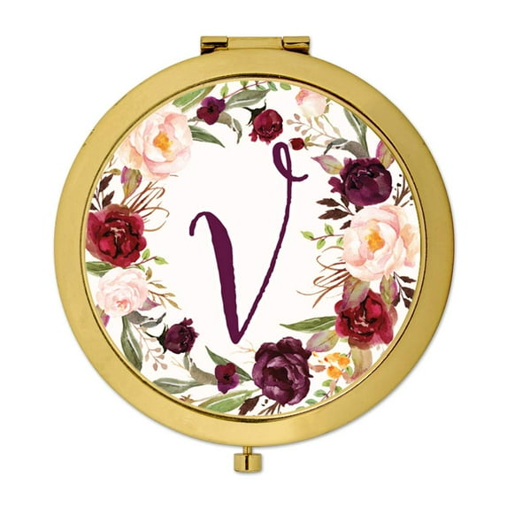 Koyal Wholesale Gold Compact Mirror Bridesmaid's Wedding Gift, Marsala Burgundy Maroon Flowers , Monogram Letter V, 1-Pk