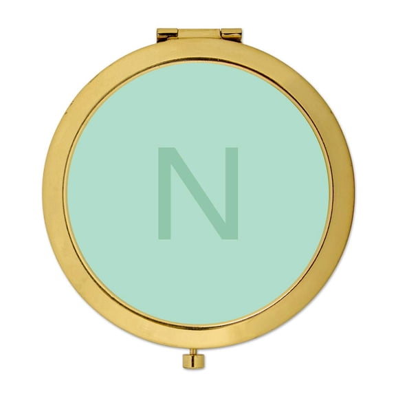 Koyal Wholesale Gold Compact Mirror Bridesmaid's Wedding Gift, Modern Mint Green, Monogram Letter N, 1-Pack