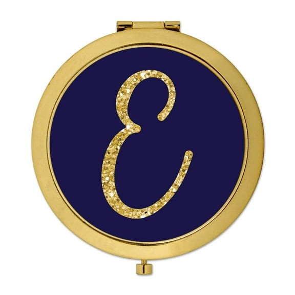 Koyal Wholesale Gold Compact Mirror Bridesmaid's Wedding Gift, Navy Blue | Faux Gold Glitter, Monogram Letter E, 1-Pack