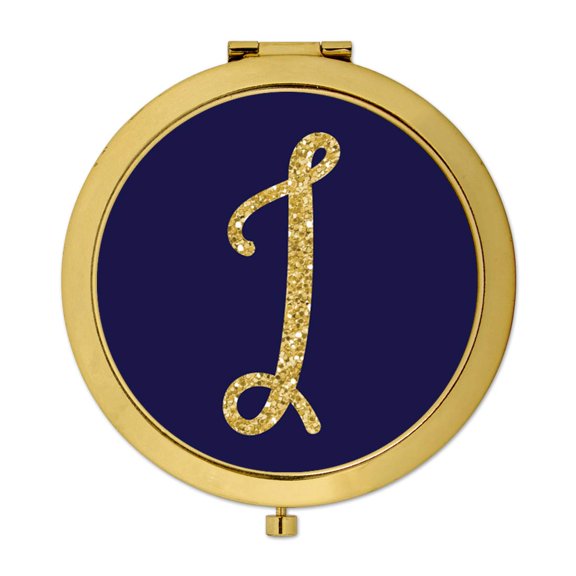 Koyal Wholesale Gold Compact Mirror Bridesmaid's Wedding Gift, Navy Blue | Faux Gold Glitter, Monogram Letter I, 1-Pack