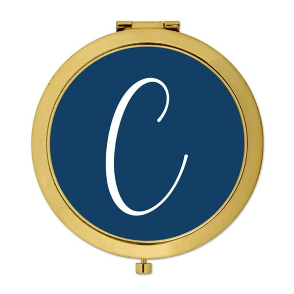 Koyal Wholesale Gold Compact Mirror Bridesmaid's Wedding Gift, Navy Blue, Monogram Letter C, 1-Pack