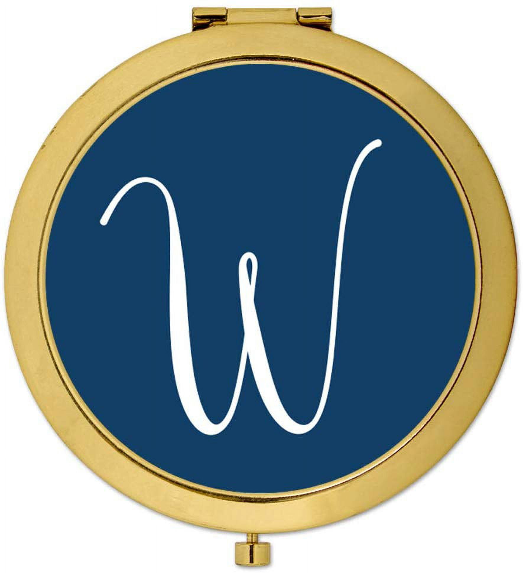Koyal Wholesale Gold Compact Mirror Bridesmaid's Wedding Gift, Navy Blue, Monogram Letter W, 1