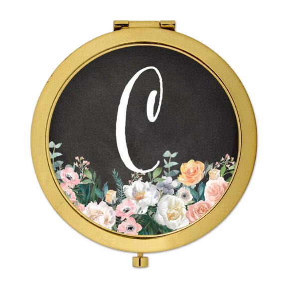 Koyal Wholesale Gold Compact Mirror Bridesmaid's Wedding Gift, Peach Flower Florals on Chalkboard, Monogram Letter C