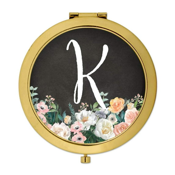 Koyal Wholesale Gold Compact Mirror Bridesmaid's Wedding Gift, Peach Flower Florals on Chalkboard, Monogram Letter K