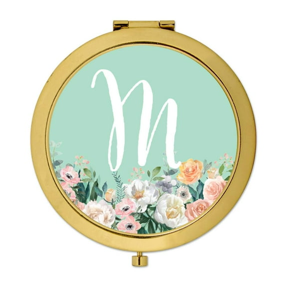 Koyal Wholesale Gold Compact Mirror Bridesmaid's Wedding Gift, Peach Flower Florals on Mint Green, Monogram Letter M