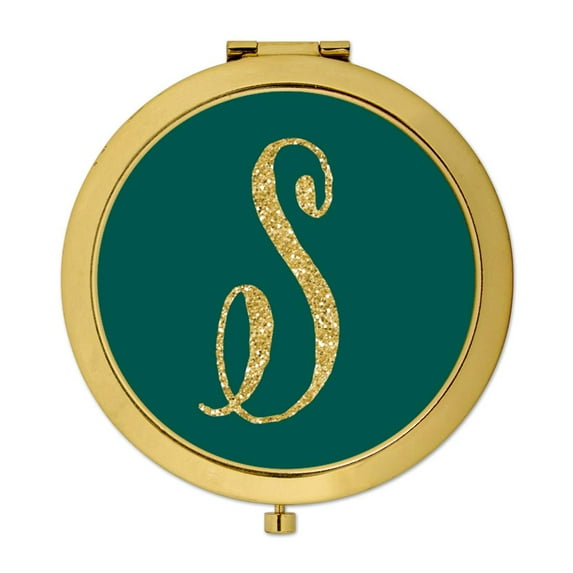 Koyal Wholesale Gold Compact Mirror Bridesmaid's Wedding Gift, Peacock Blue Jewel Tone , Monogram Letter S, 1-Pack
