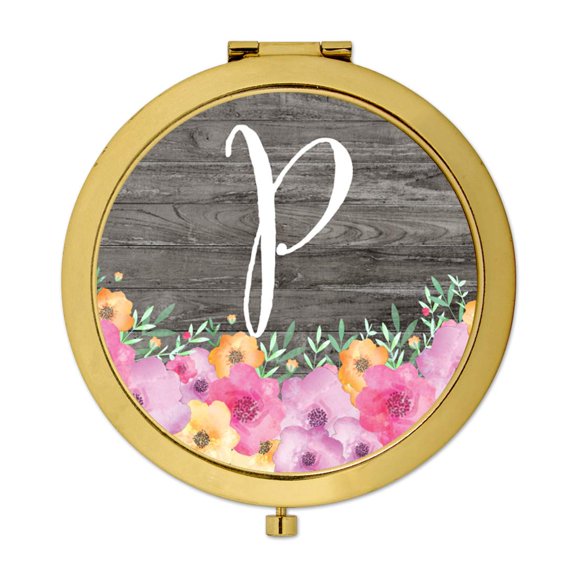 Koyal Wholesale Gold Compact Mirror Bridesmaid's Wedding Gift, Pink Floral Flowers on Rustic Gray Wood, Monogram P, 1-Pk