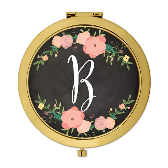 Koyal Wholesale Gold Compact Mirror Bridesmaid's Wedding Gift, Pink Peach Florals | Chalkboard, Monogram Letter B, 1-Pk
