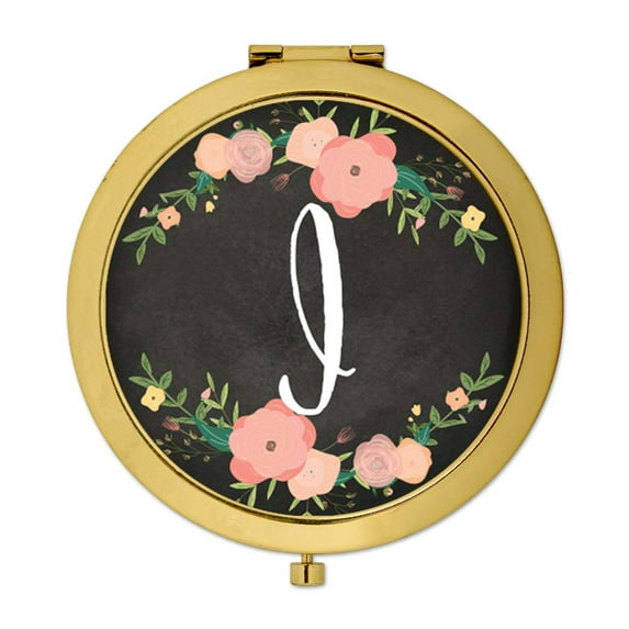 Koyal Wholesale Gold Compact Mirror Bridesmaid's Wedding Gift, Pink Peach Florals | Chalkboard, Monogram Letter I, 1-Pk