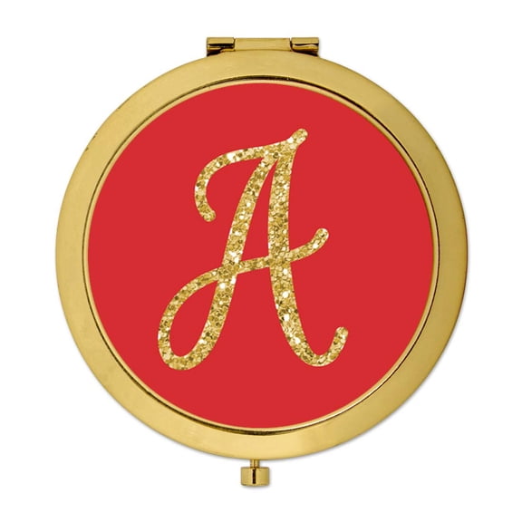 Koyal Wholesale Gold Compact Mirror Bridesmaid's Wedding Gift, Red with Faux Gold Glitter, Monogram Letter A, 1-Pack