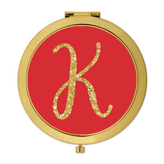 Koyal Wholesale Gold Compact Mirror Bridesmaid's Wedding Gift, Red with Faux Gold Glitter, Monogram Letter K, 1-Pack