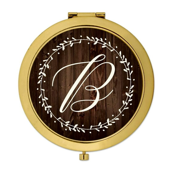 Koyal Wholesale Gold Compact Mirror Bridesmaid's Wedding Gift, Rustic Wood with Laurels, Monogram Letter B, 1-Pack