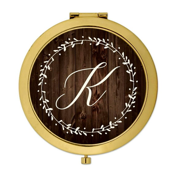 Koyal Wholesale Gold Compact Mirror Bridesmaid's Wedding Gift, Rustic Wood with Laurels, Monogram Letter K, 1-Pack