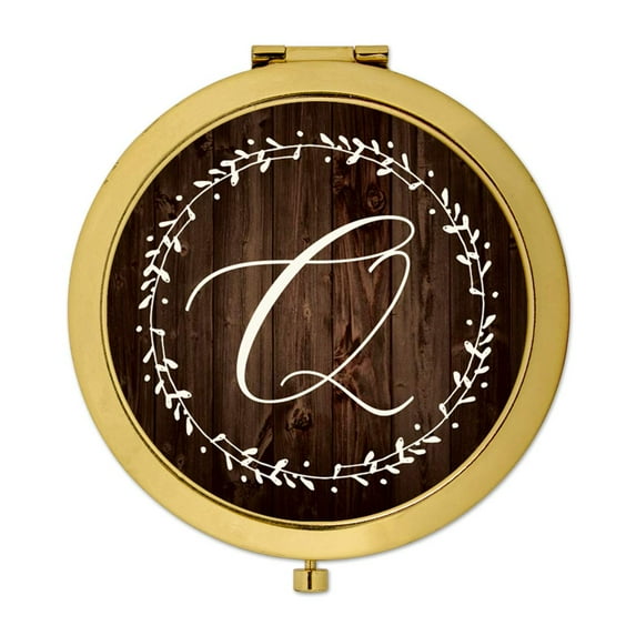 Koyal Wholesale Gold Compact Mirror Bridesmaid's Wedding Gift, Rustic Wood with Laurels, Monogram Letter Q, 1-Pack