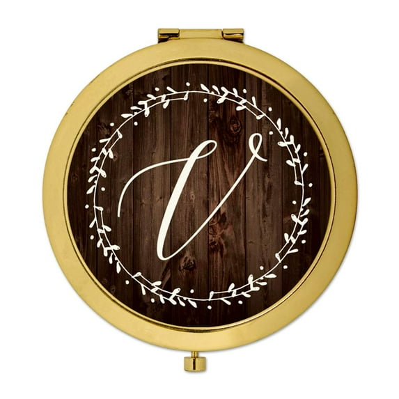 Koyal Wholesale Gold Compact Mirror Bridesmaid's Wedding Gift, Rustic Wood with Laurels, Monogram Letter V, 1-Pack