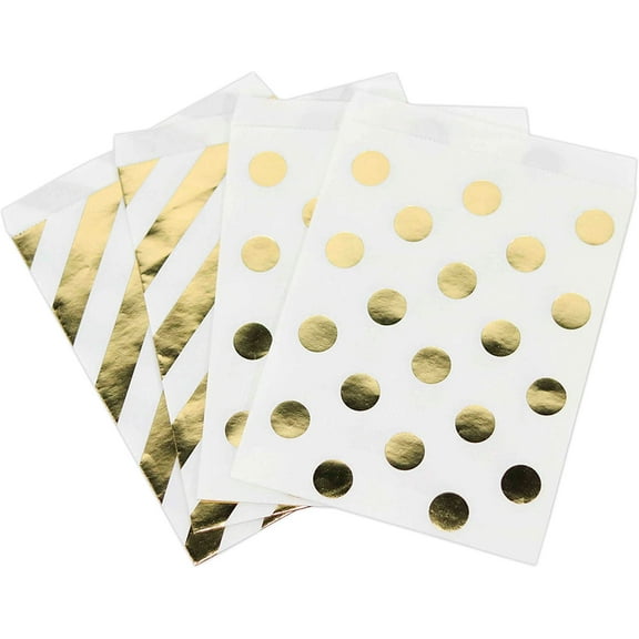 Koyal Wholesale Gold Foil Favor Bags, Polka Dots and Striped, 24-Pack, Shiny Metallic Colored Party Supplies Decorations
