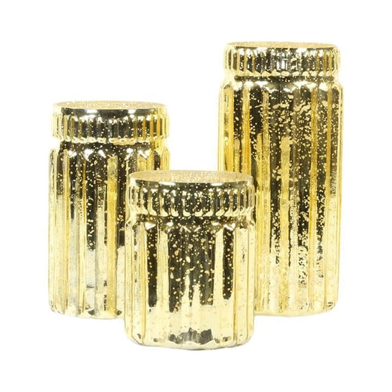 Koyal Wholesale Gold Ribbed Mercury Glass Vases, Bulk Set of 3, Mercury Vases for Flower Centerpieces, Centerpiece Jars