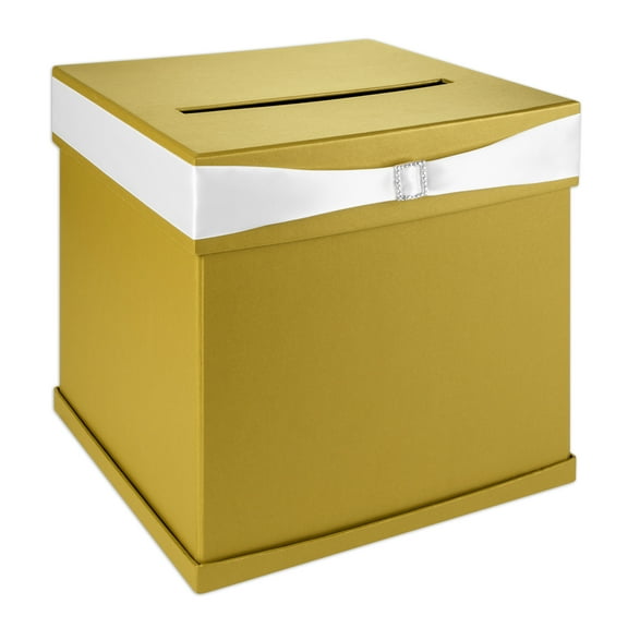 Koyal Wholesale Gold Wedding Card Box with Slot, White Satin Ribbon and Rhinestone Buckle, 10" x 10" Card Holder