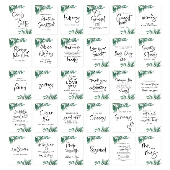Koyal Wholesale Greenery Leaves Wedding Signs Bundle Set for Ceremony, Reception Decor Signage, 8.5 x 11", 30-Pack