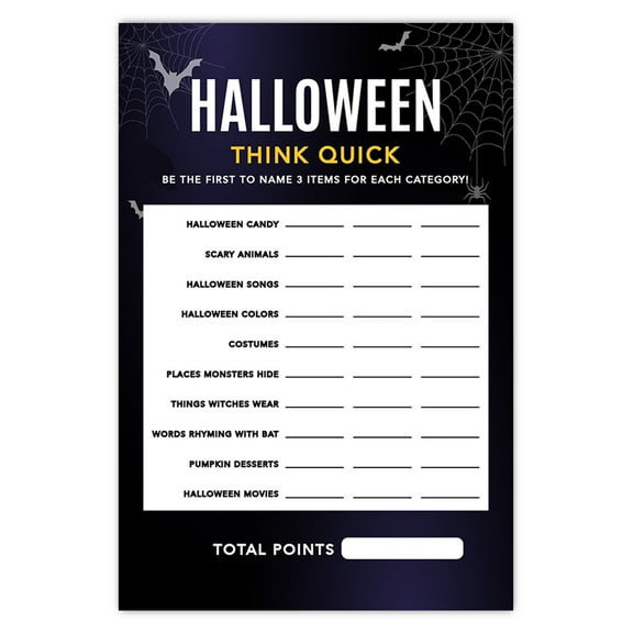 Koyal Wholesale Halloween Party Think Quick Game Cards for Fun Activities, Bats & Spiders Themed. Pk-24