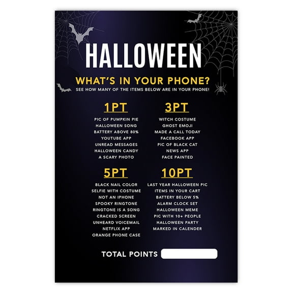 Koyal Wholesale Halloween Party What's In Your Phone Game Cards for Fun Activities, Bats & Spiders Themed, Pk-24
