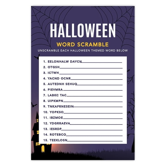 Koyal Wholesale Halloween Party Word Scramble Game Cards, Illuminated Haunted House Theme, 24-Pack
