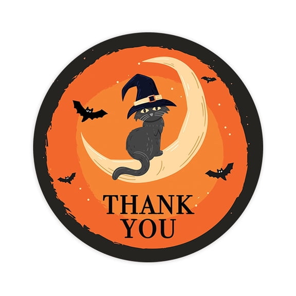 Koyal Wholesale Halloween Thank You Stickers 2 Inch Round 120 Bulk Pk Cat on Crescent Moon Labelss
