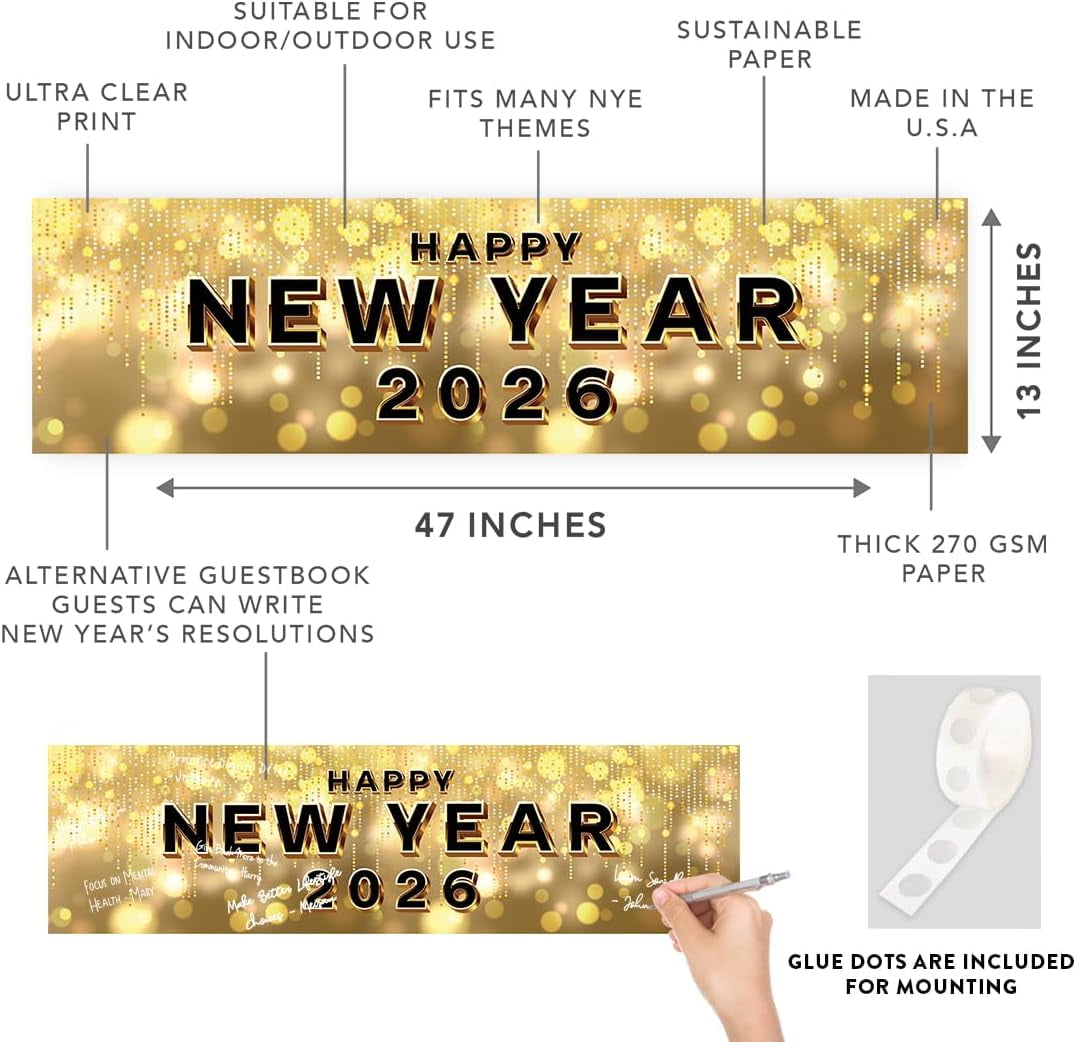 Koyal Wholesale 47x13 Happy New Year Banner Gold Hollywood Glam Theme New Year Dcor