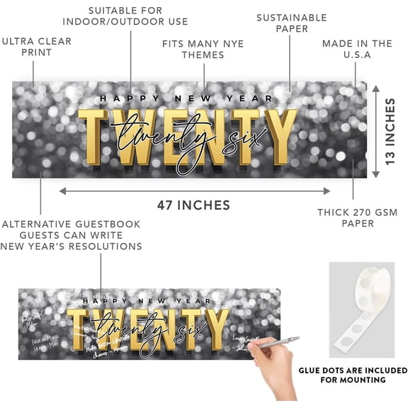 Koyal Wholesale 47x13 Happy New Year Banner Silver Confetti New Years Eve Dcor