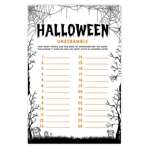 Koyal Wholesale How Many Words Can You Make Halloween Game Cards for Party Fun Activities, Graveyard Design, Pk-24