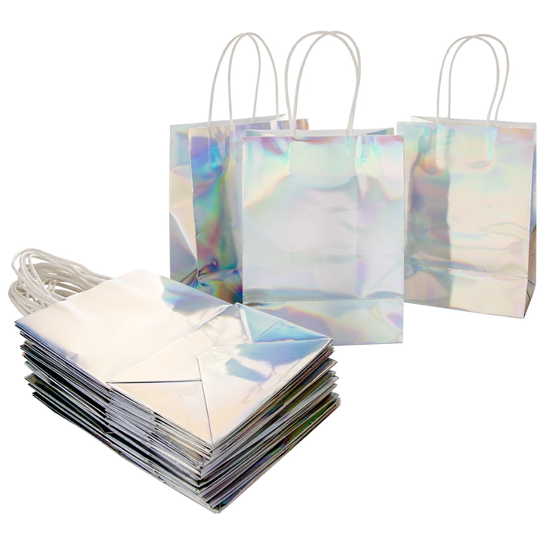 Koyal Wholesale Iridescent Party Bags with Handles, 5.75 x 7.75 inches, 25 Pack Holographic Silver Foil Gift Bags