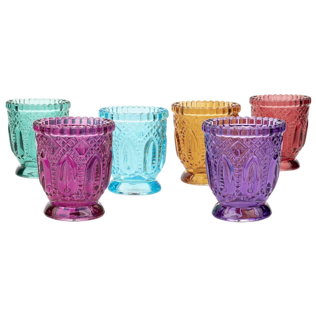 Koyal Wholesale Jewel Tone Votive Vintage Glass Candle Holders, 6-Pack,  Multicolor Jewel Candle Set of Votives 