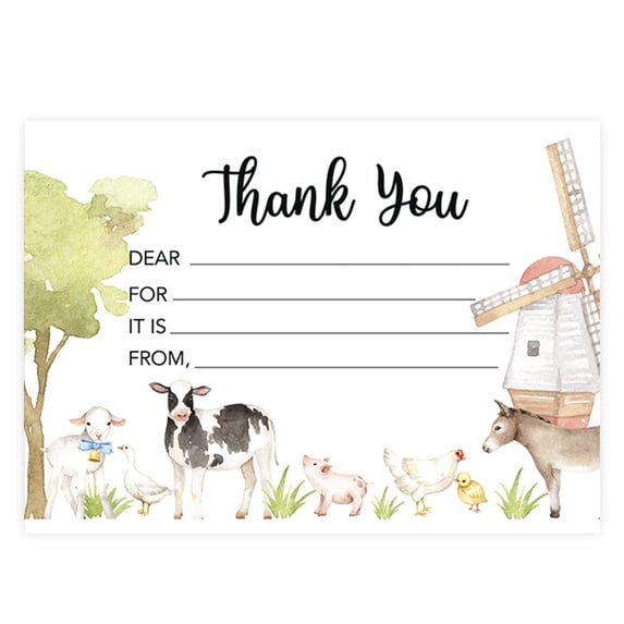 Koyal Wholesale Kids Fill in the Blank Thank You Cards - 20 Cards Including Envelopes Farm Animals, For Party Guests