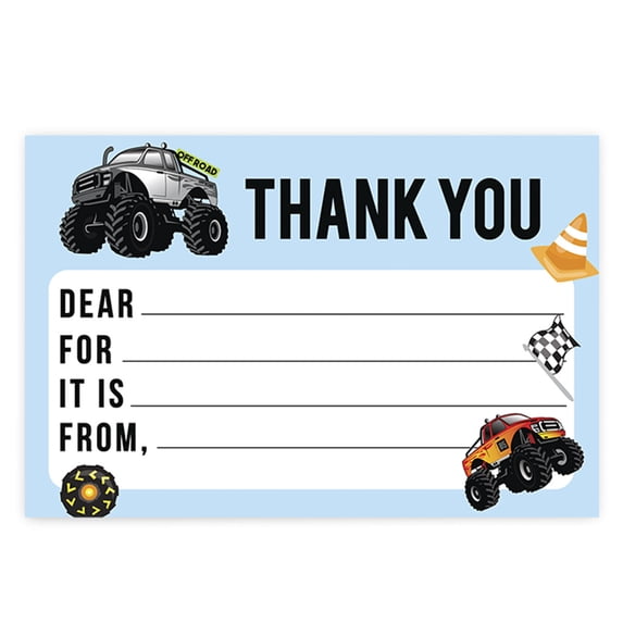 Koyal Wholesale Kids Fill in the Blank Thank You Cards 20 Cards Including Envelopes Monster Trucks, For Party Guests