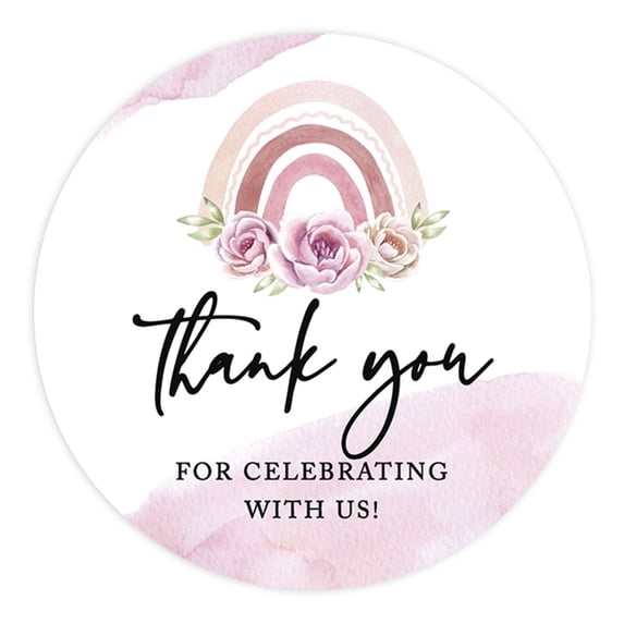 Koyal Wholesale Kids Party Favor Thank You For Celebrating With Us Stickers, Round Floral Rainbow Birthday Stickers