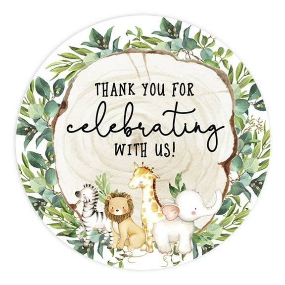 Koyal Wholesale Kids Party Favor Thank You For Celebrating With Us Stickers, Round Woodland Safari Animals Birthday