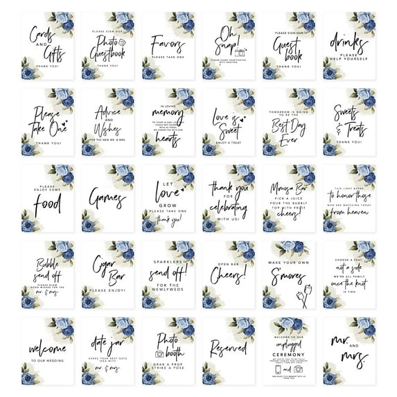 Koyal Wholesale Light Blue and Navy Blue Roses Wedding Signs Bundle 30 Set for Ceremony, Reception Decor, 30-Pack