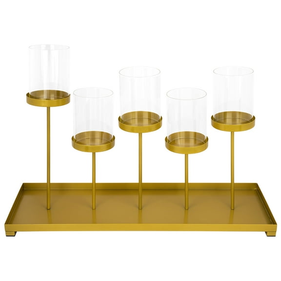 Koyal Wholesale Matte Gold 5-Cup Candle Holder Tray for Wedding Reception, Dining Table Centerpieces, Set of 1