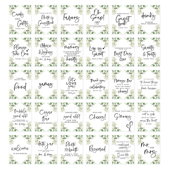 Koyal Wholesale Minimal Foliage Greenery Wedding Signs Bundle 30-Set for Ceremony, Reception Decor Signage, 8.5 x 11