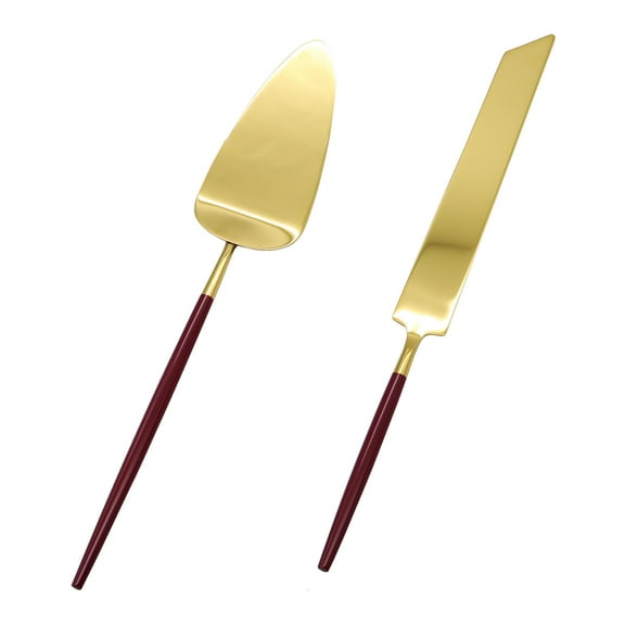 Koyal Wholesale Modern Wedding Cake Knife And Server Set - 2-Piece Gold Cake Cutter & Server With Burgundy Handle