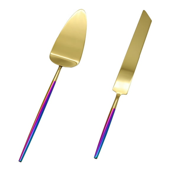 Koyal Wholesale Modern Wedding Cake Knife And Server Set - 2-Piece Gold Cake Cutter & Server With Iridescent Handle