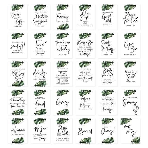 Koyal Wholesale Monstera Leaves Wedding Signs Bundle Set for Ceremony, Reception Decor Signage, 8.5 x 11", 30-Pack