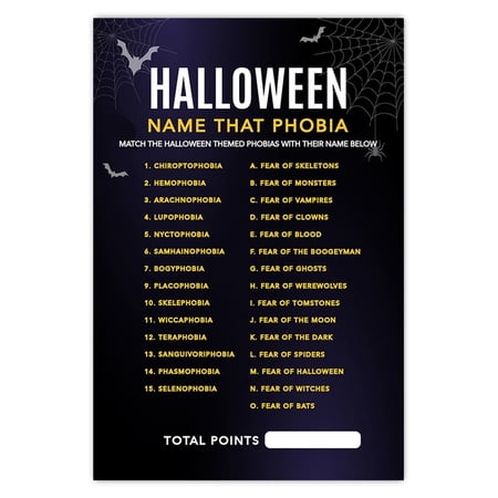 Koyal Wholesale Name That Phobia Halloween Game Cards for Fun Activities, Bats & Spiders Themed, Pk-24